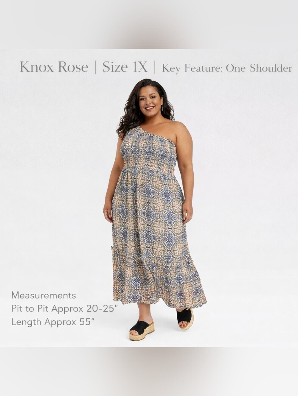 Knox Rose 1X One Shoulder Maxi Dress Blue Tan Boho A-Line Smocked Sundress